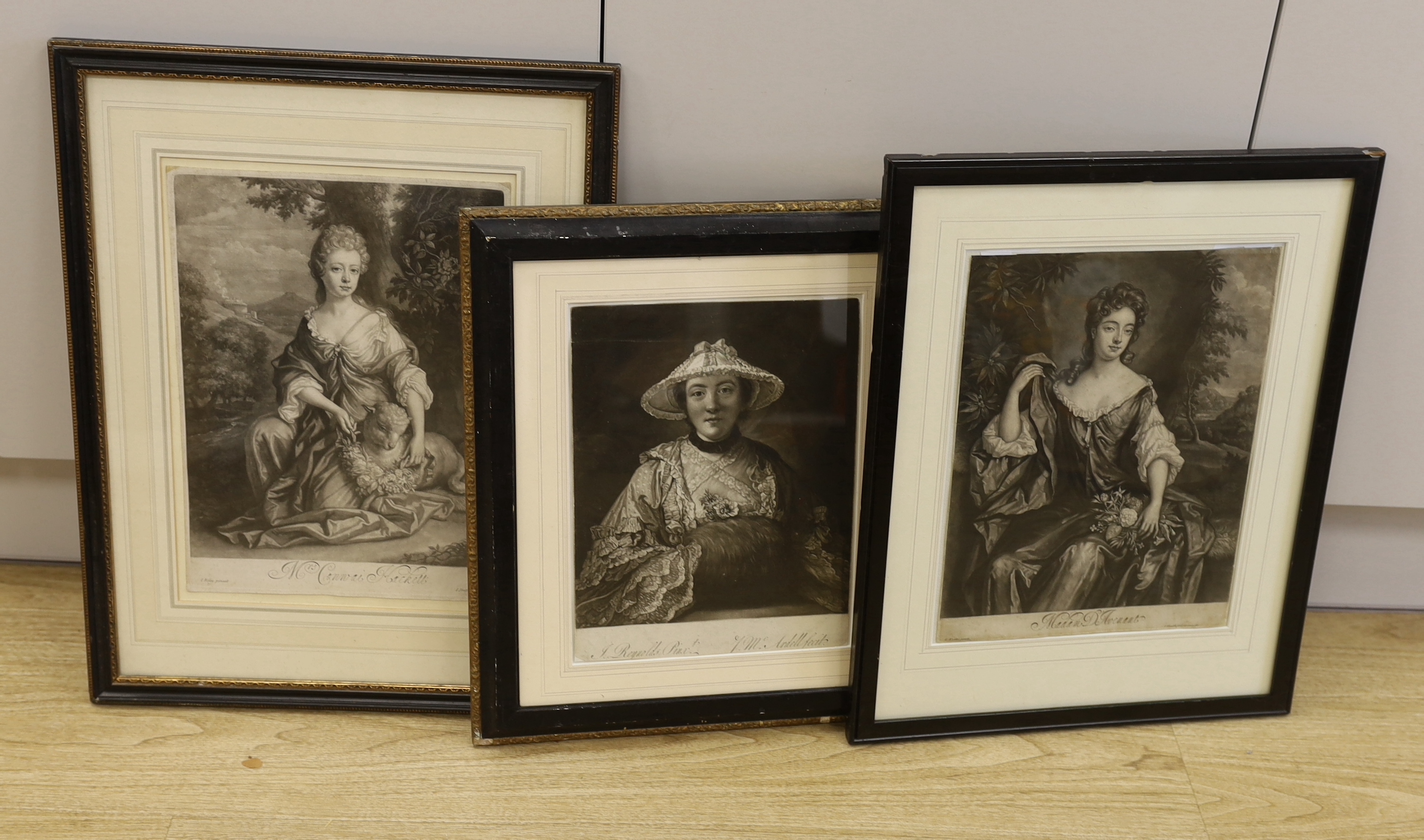 Smith after Riley, mezzotint, 'Mrs Connai Hackett', 32 x 25cm and two other mezzotints after Reynolds and Kneller